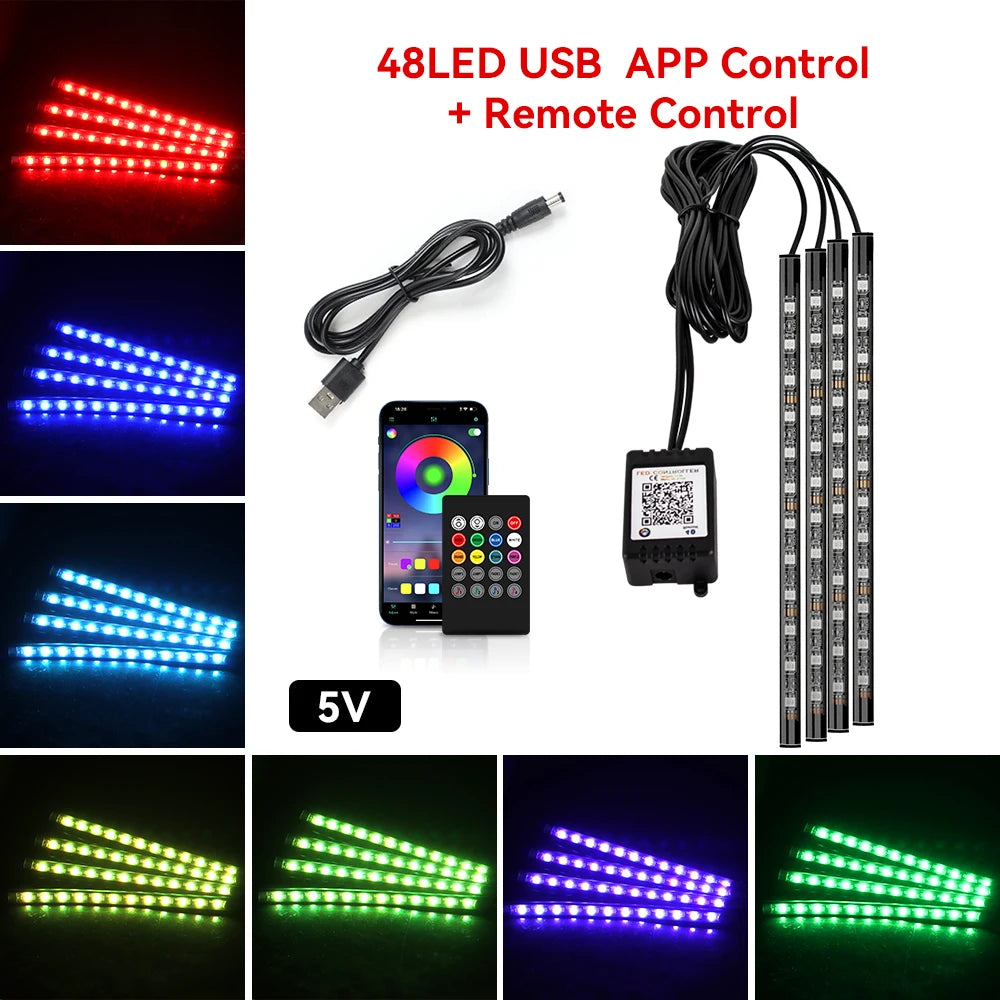 RGB LED Car Interior Ambient Lights – 48/72‑LED Footwell Kit with App & Remote Control