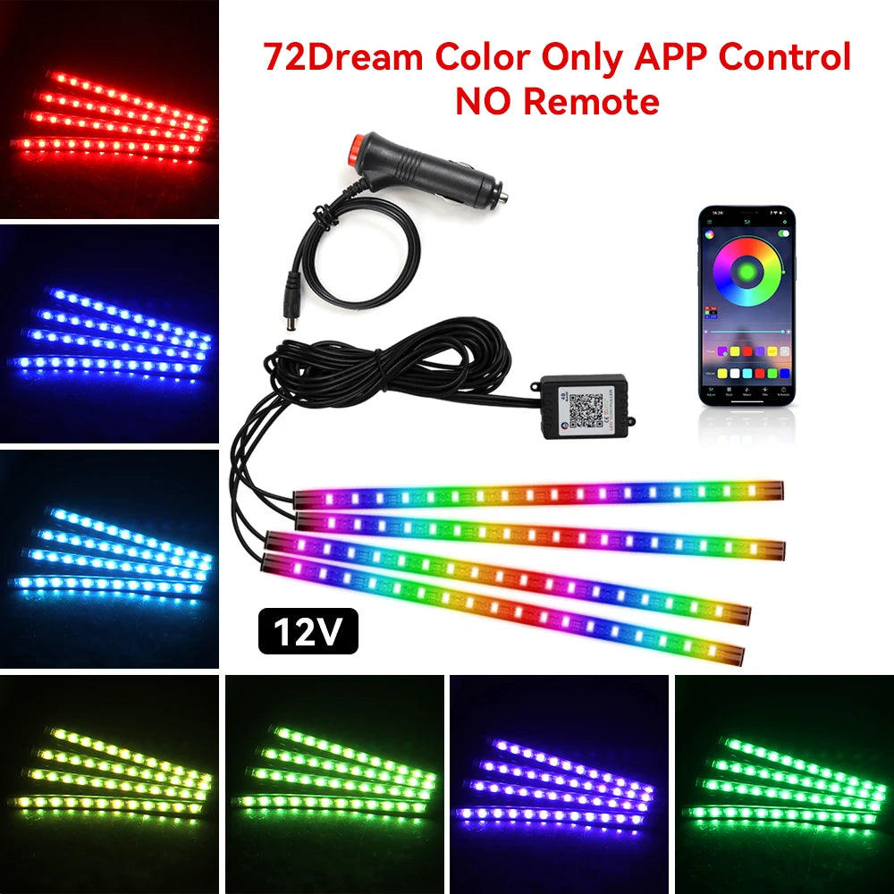 RGB LED Car Interior Ambient Lights – 48/72‑LED Footwell Kit with App & Remote Control