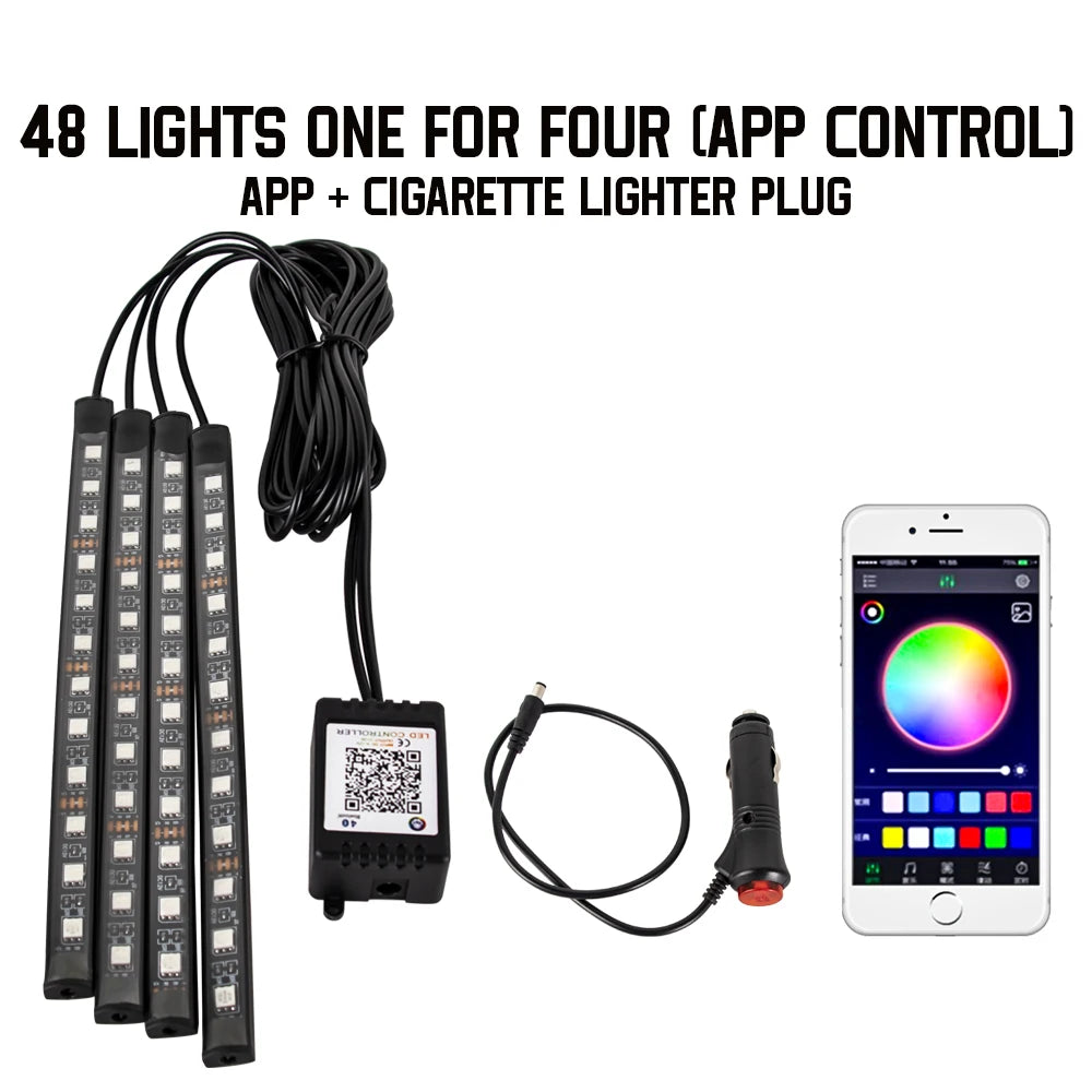 RGB LED Car Interior Ambient Lights – 48/72‑LED Footwell Kit with App & Remote Control