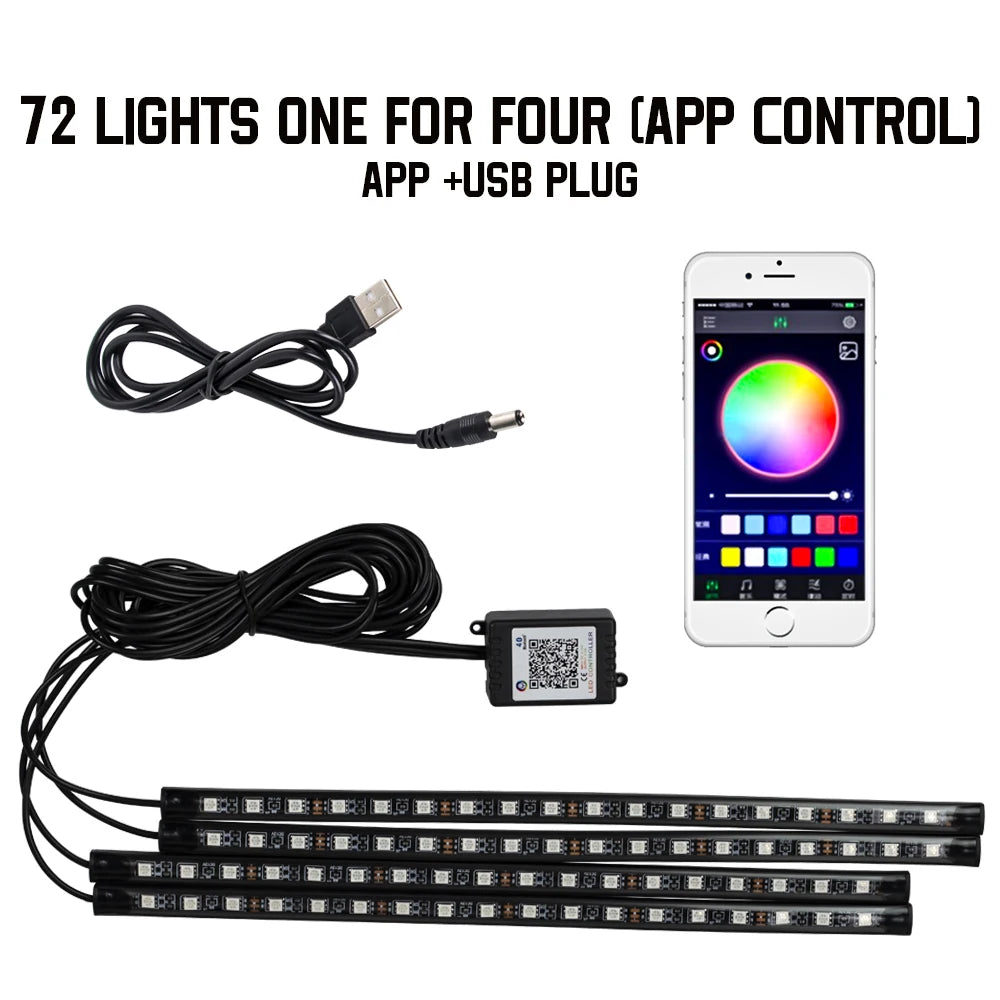 RGB LED Car Interior Ambient Lights – 48/72‑LED Footwell Kit with App & Remote Control