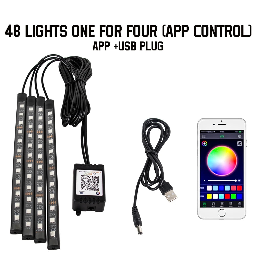 RGB LED Car Interior Ambient Lights – 48/72‑LED Footwell Kit with App & Remote Control