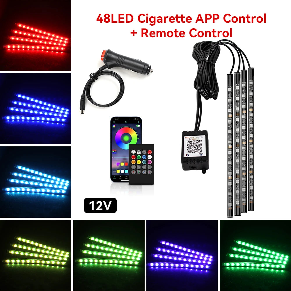 RGB LED Car Interior Ambient Lights – 48/72‑LED Footwell Kit with App & Remote Control