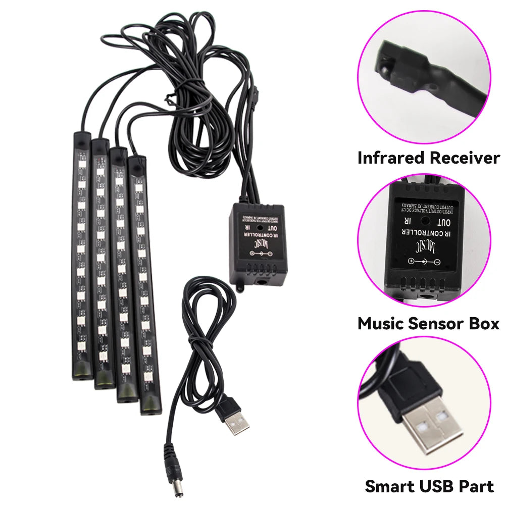 RGB LED Car Interior Ambient Lights – 48/72‑LED Footwell Kit with App & Remote Control