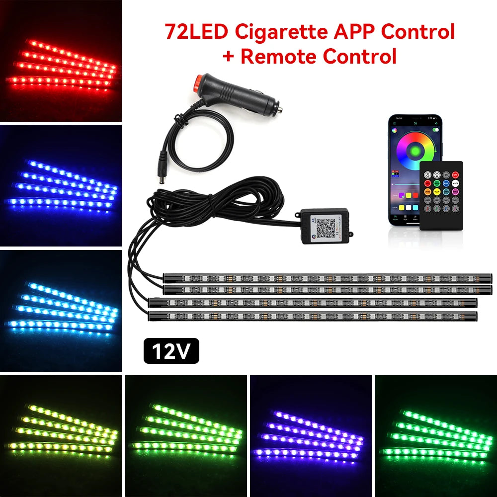 RGB LED Car Interior Ambient Lights – 48/72‑LED Footwell Kit with App & Remote Control