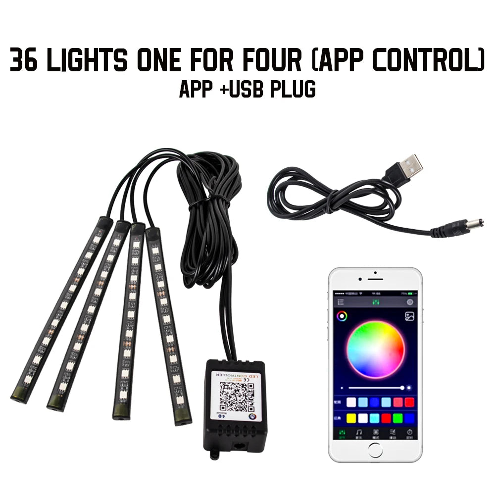 RGB LED Car Interior Ambient Lights – 48/72‑LED Footwell Kit with App & Remote Control