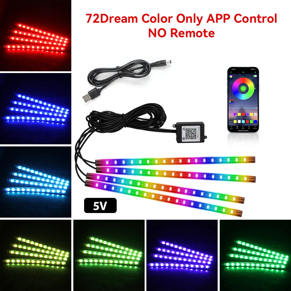 RGB LED Car Interior Ambient Lights – 48/72‑LED Footwell Kit with App & Remote Control