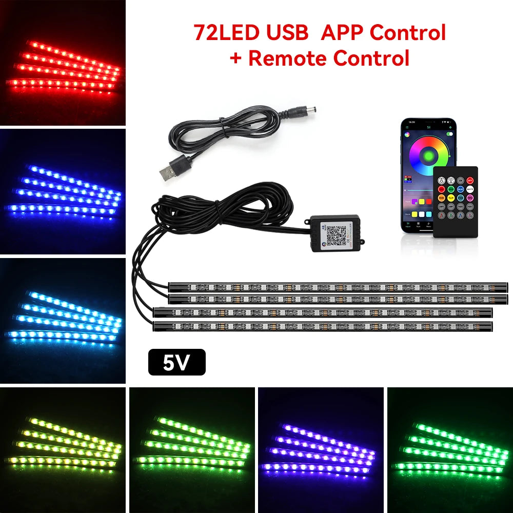 RGB LED Car Interior Ambient Lights – 48/72‑LED Footwell Kit with App & Remote Control